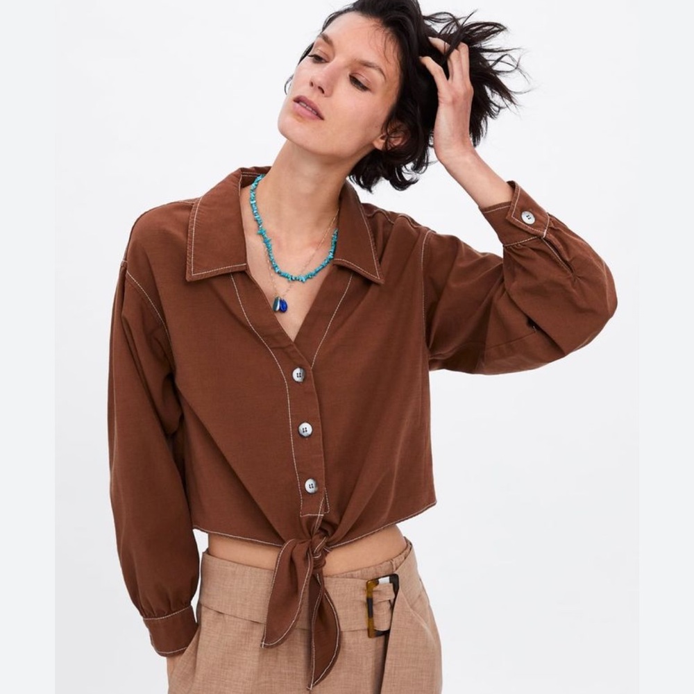 Zara Brown Button-Up Tie Front Blouse